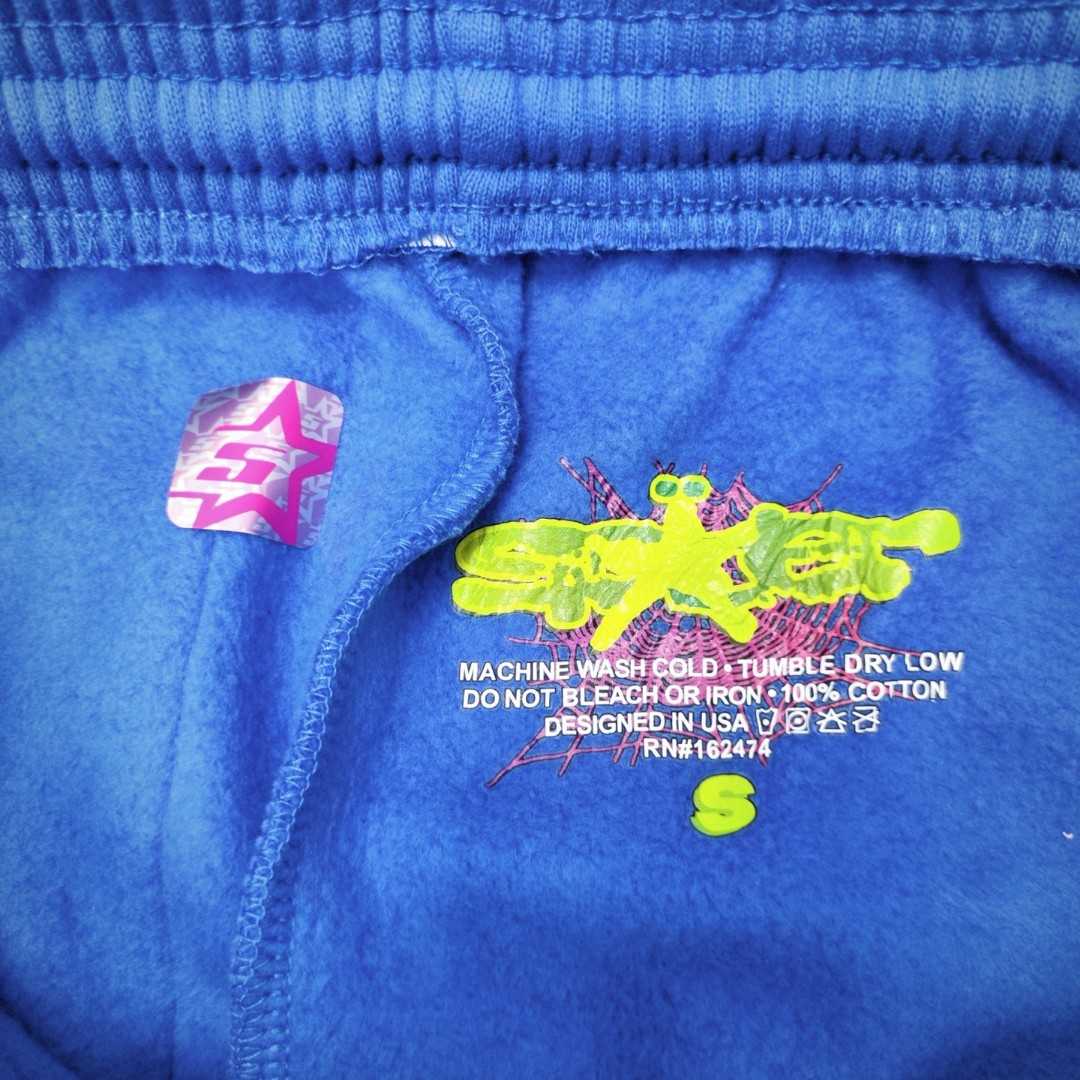 Sp5der 黄色Sp5der字母 星星印花 抽绳松紧腰束脚运动裤 休闲裤 长裤 裤子 蓝色