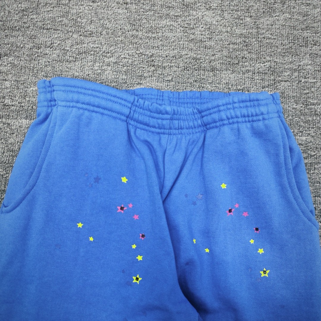 Sp5der 黄色Sp5der字母 星星印花 抽绳松紧腰束脚运动裤 休闲裤 长裤 裤子 蓝色