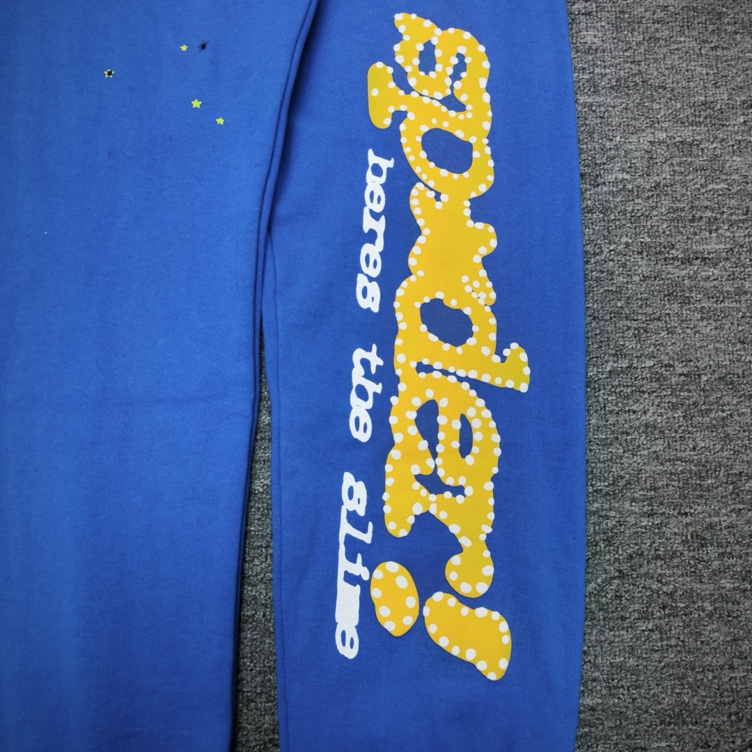 Sp5der 黄色Sp5der字母 星星印花 抽绳松紧腰束脚运动裤 休闲裤 长裤 裤子 蓝色