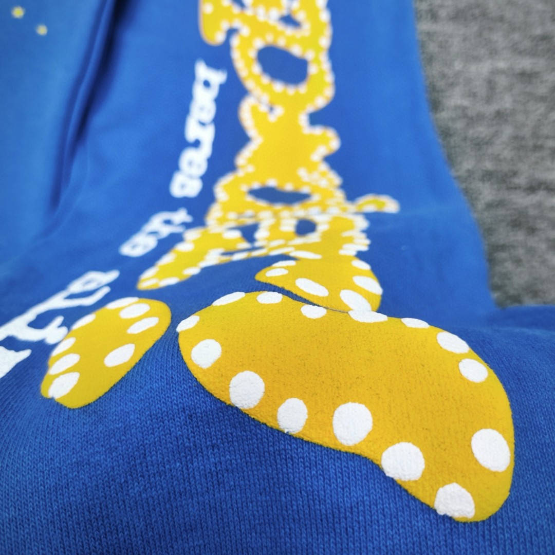 Sp5der 黄色Sp5der字母 星星印花 抽绳松紧腰束脚运动裤 休闲裤 长裤 裤子 蓝色