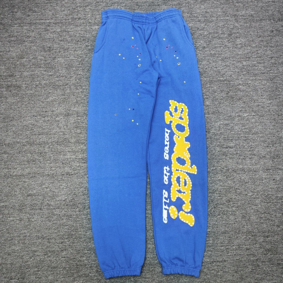 Sp5der 黄色Sp5der字母 星星印花 抽绳松紧腰束脚运动裤 休闲裤 长裤 裤子 蓝色
