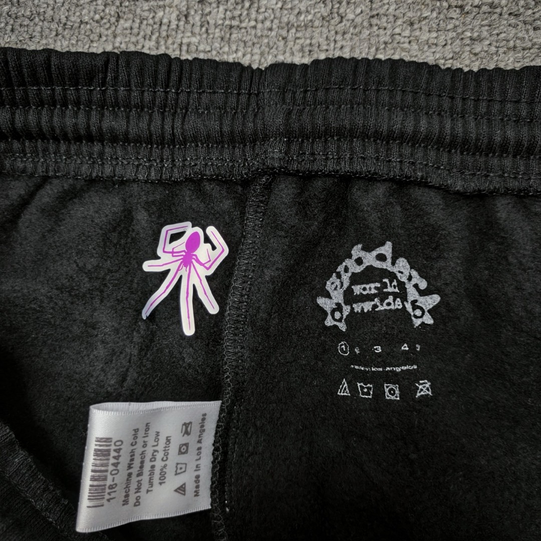 Sp5der 粉色Sp5der字母 星星印花 抽绳松紧腰束脚运动裤 休闲裤 长裤 裤子 黑色