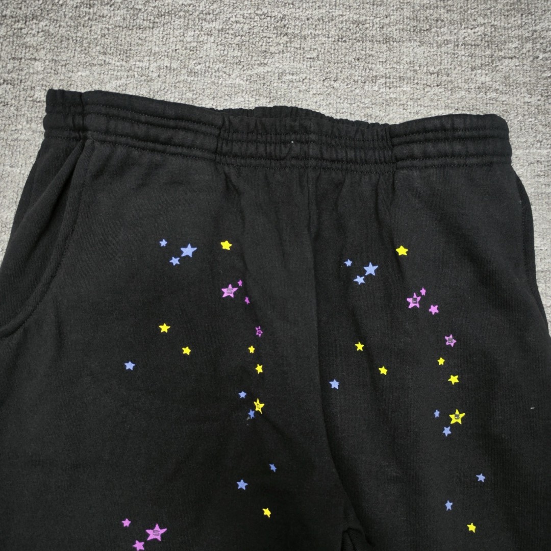Sp5der 粉色Sp5der字母 星星印花 抽绳松紧腰束脚运动裤 休闲裤 长裤 裤子 黑色