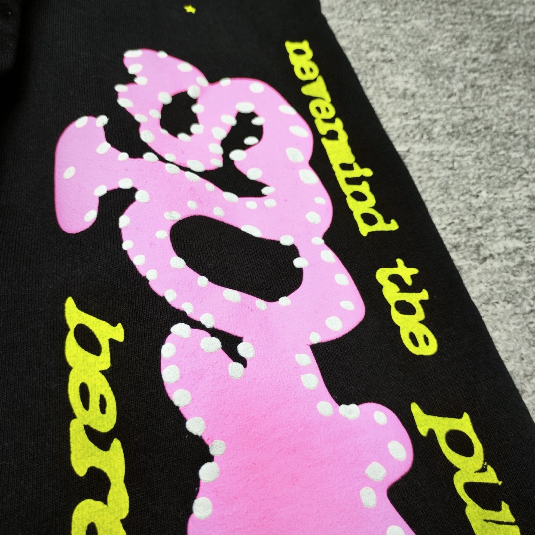 Sp5der 粉色Sp5der字母 星星印花 抽绳松紧腰束脚运动裤 休闲裤 长裤 裤子 黑色