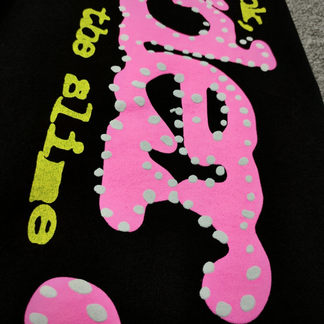 Sp5der 粉色Sp5der字母 星星印花 抽绳松紧腰束脚运动裤 休闲裤 长裤 裤子 黑色