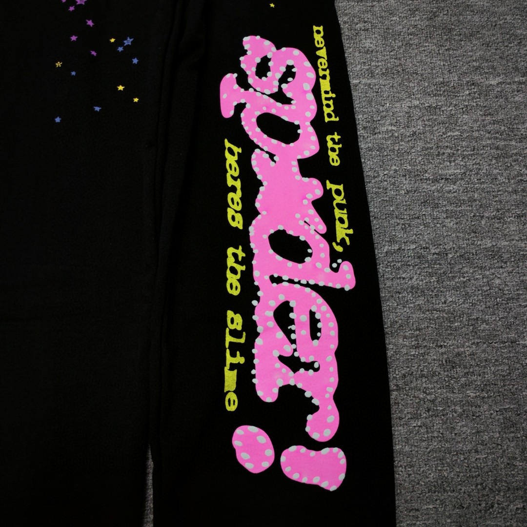 Sp5der 粉色Sp5der字母 星星印花 抽绳松紧腰束脚运动裤 休闲裤 长裤 裤子 黑色