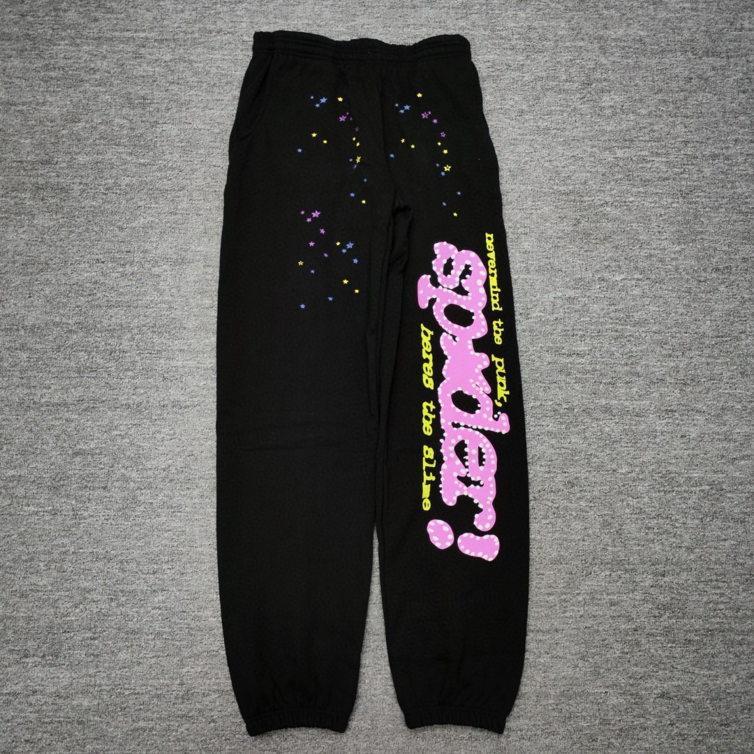 Sp5der 粉色Sp5der字母 星星印花 抽绳松紧腰束脚运动裤 休闲裤 长裤 裤子 黑色