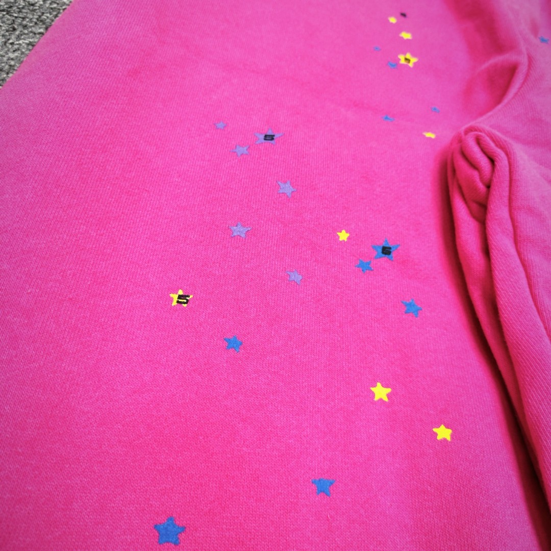 Sp5der 黑色Sp5der字母 星星印花 抽绳松紧腰束脚运动裤 休闲裤 长裤 裤子 玫红色