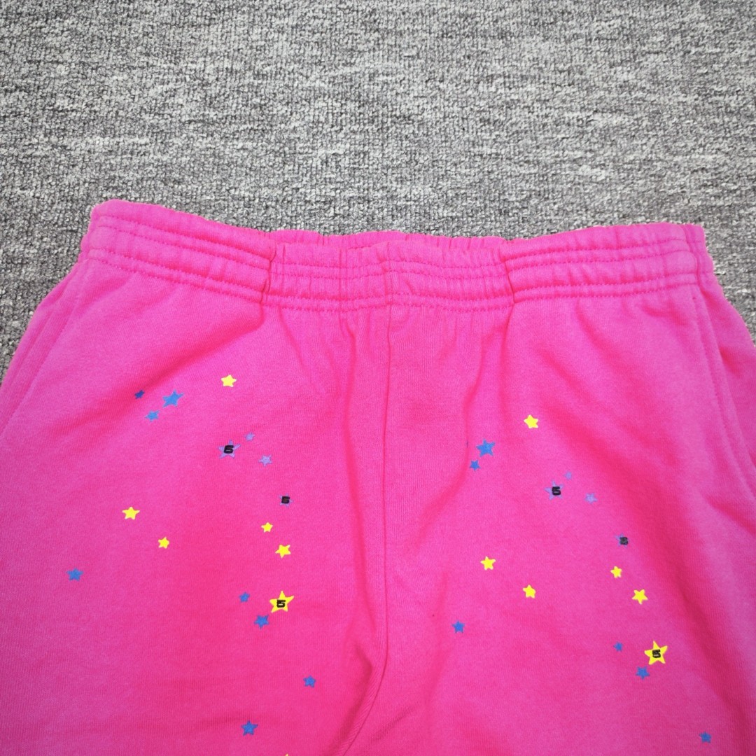 Sp5der 黑色Sp5der字母 星星印花 抽绳松紧腰束脚运动裤 休闲裤 长裤 裤子 玫红色