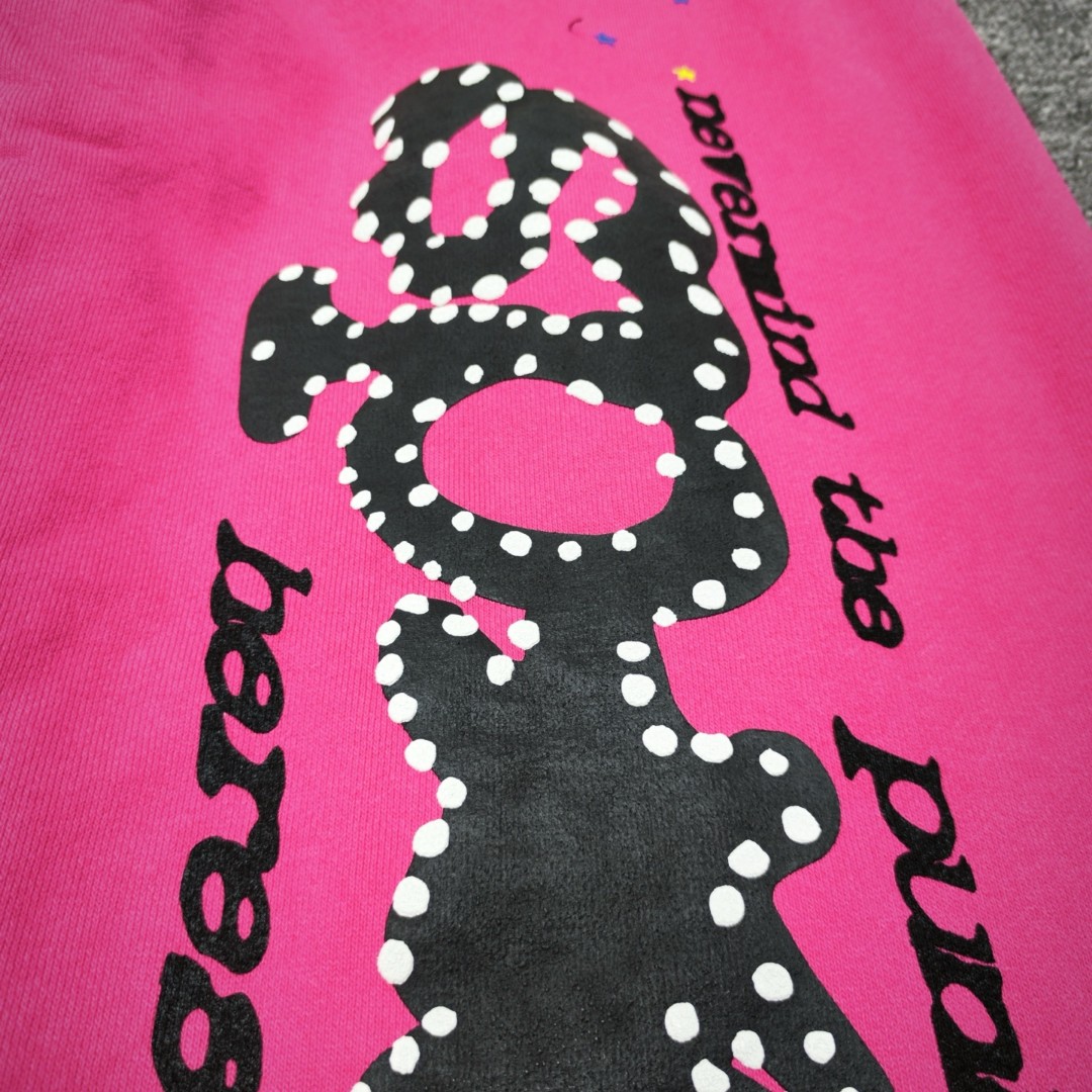 Sp5der 黑色Sp5der字母 星星印花 抽绳松紧腰束脚运动裤 休闲裤 长裤 裤子 玫红色