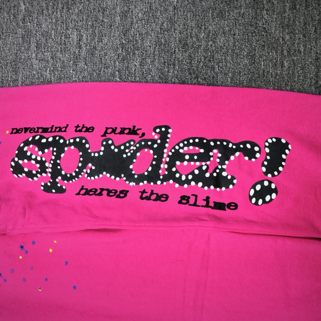 Sp5der 黑色Sp5der字母 星星印花 抽绳松紧腰束脚运动裤 休闲裤 长裤 裤子 玫红色