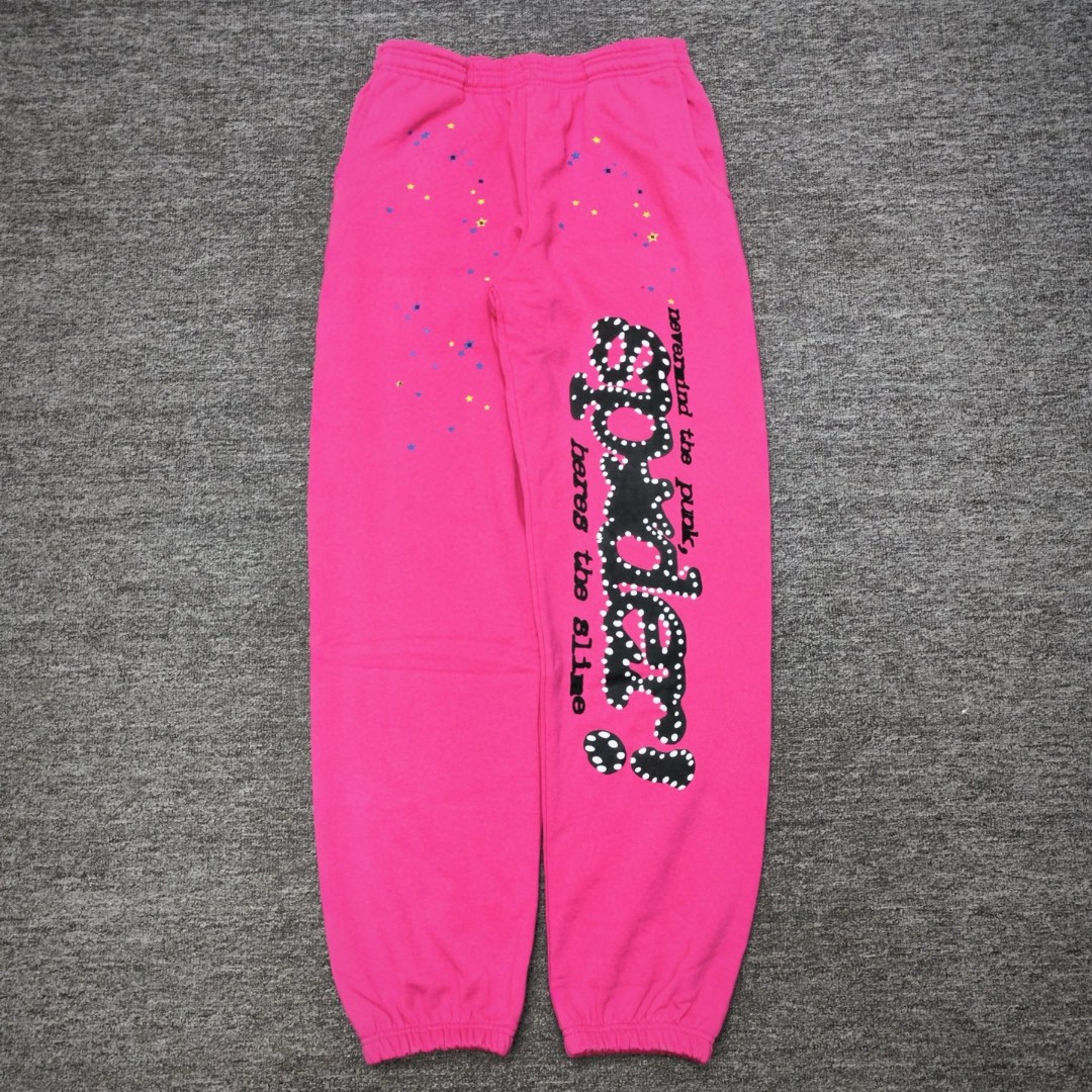 Sp5der 黑色Sp5der字母 星星印花 抽绳松紧腰束脚运动裤 休闲裤 长裤 裤子 玫红色