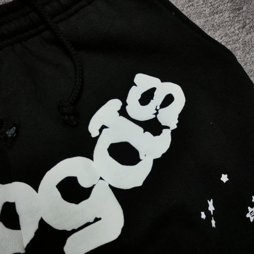 Sp5der 白色Sp5der字母 星星印花 抽绳松紧腰束脚运动裤 休闲裤 长裤 裤子 黑色