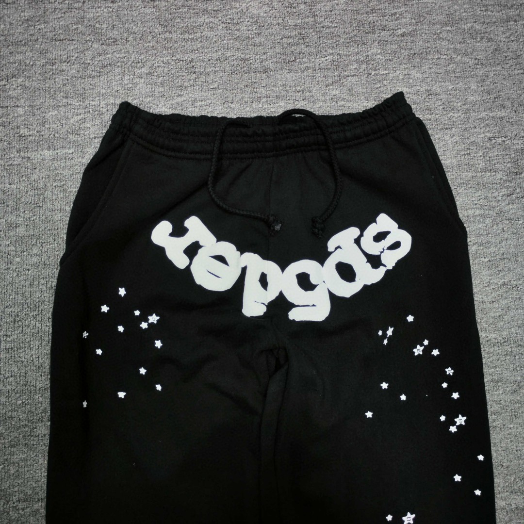Sp5der 白色Sp5der字母 星星印花 抽绳松紧腰束脚运动裤 休闲裤 长裤 裤子 黑色
