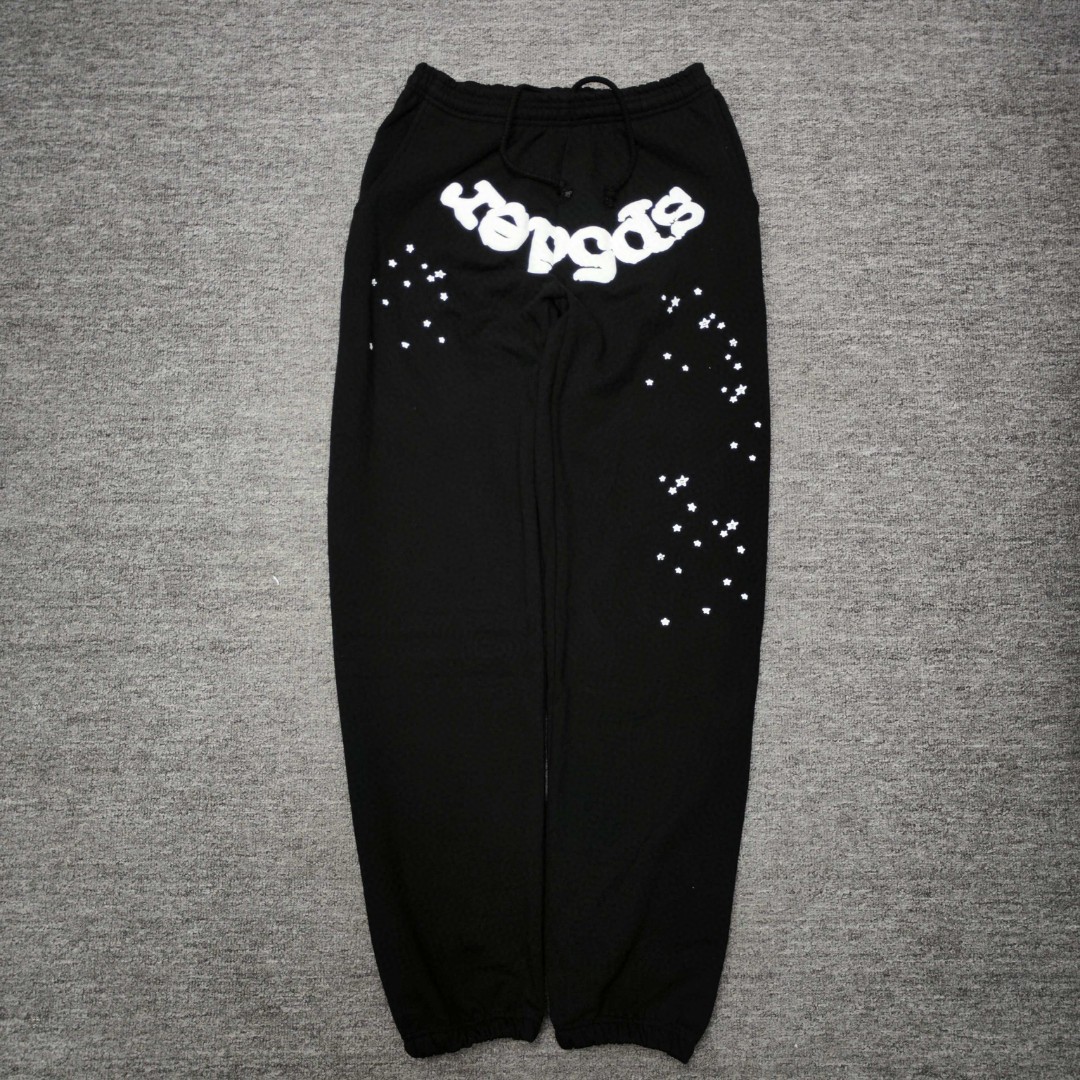 Sp5der 白色Sp5der字母 星星印花 抽绳松紧腰束脚运动裤 休闲裤 长裤 裤子 黑色