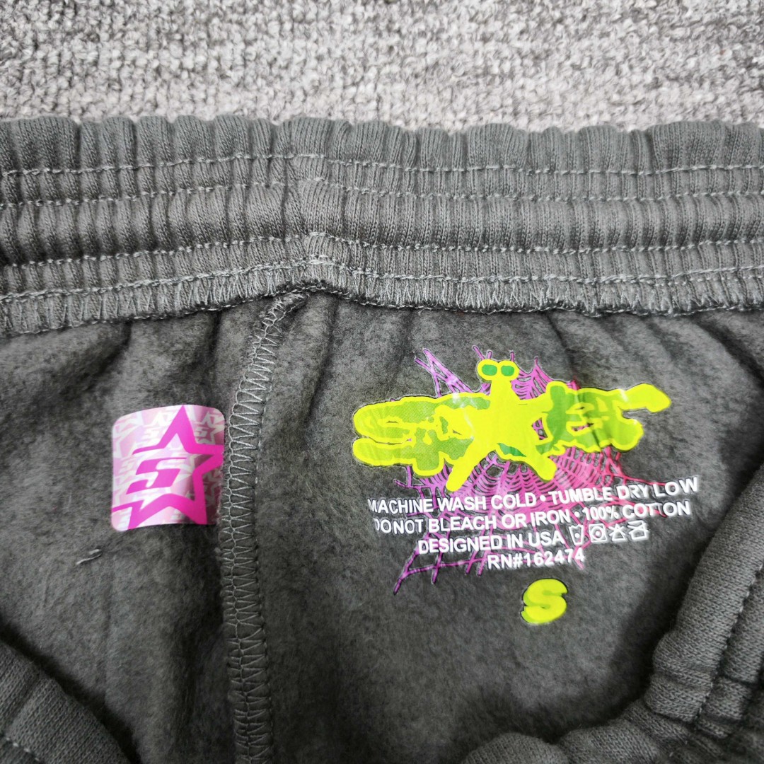 Sp5der 绿色Sp5der字母 星星印花 抽绳松紧腰束脚运动裤 休闲裤 长裤 裤子 灰色