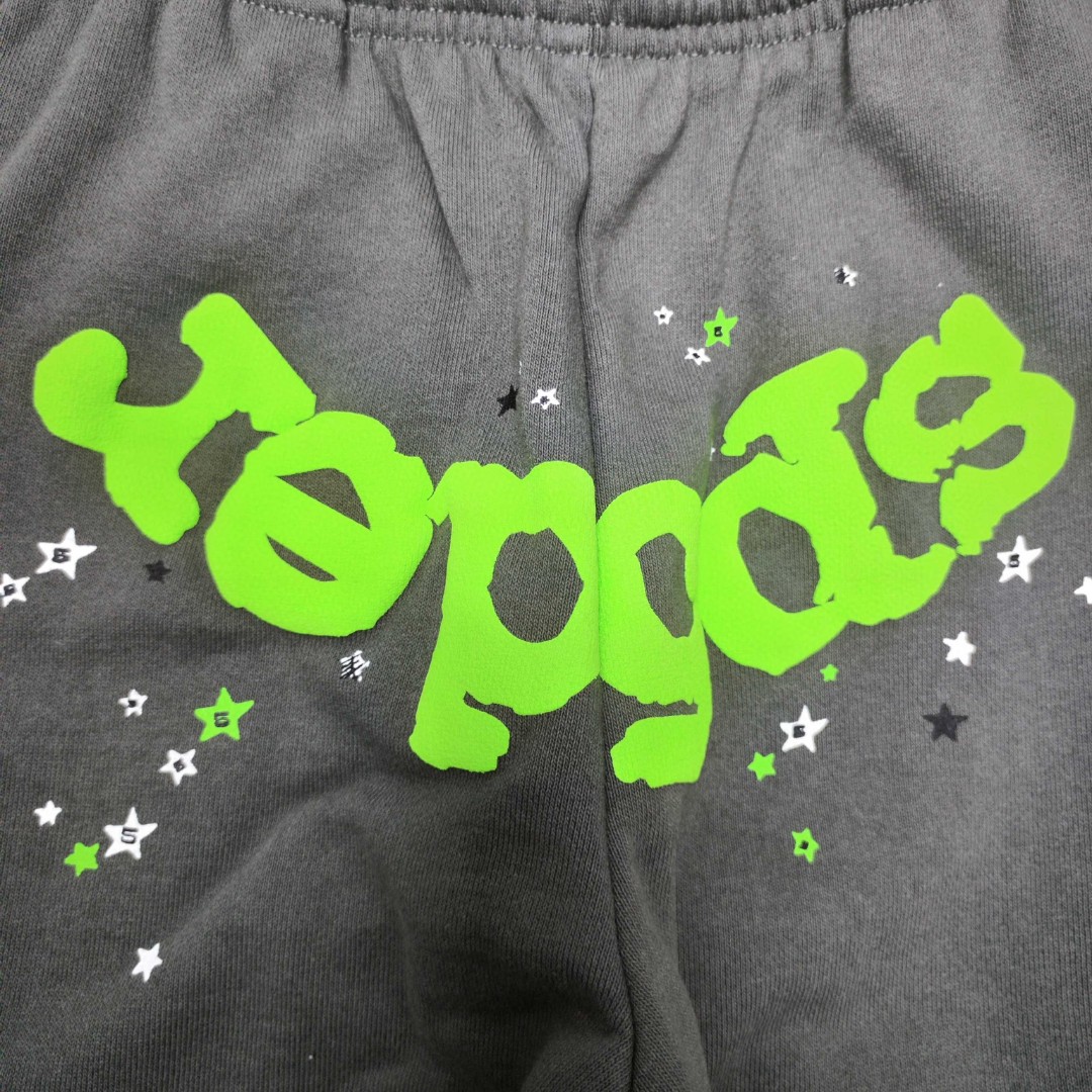 Sp5der 绿色Sp5der字母 星星印花 抽绳松紧腰束脚运动裤 休闲裤 长裤 裤子 灰色