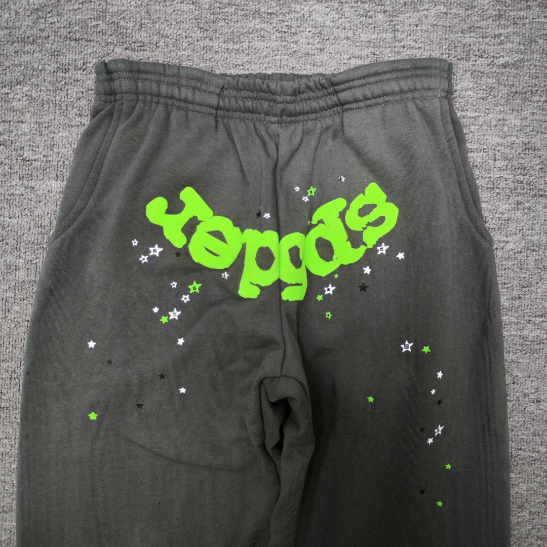 Sp5der 绿色Sp5der字母 星星印花 抽绳松紧腰束脚运动裤 休闲裤 长裤 裤子 灰色