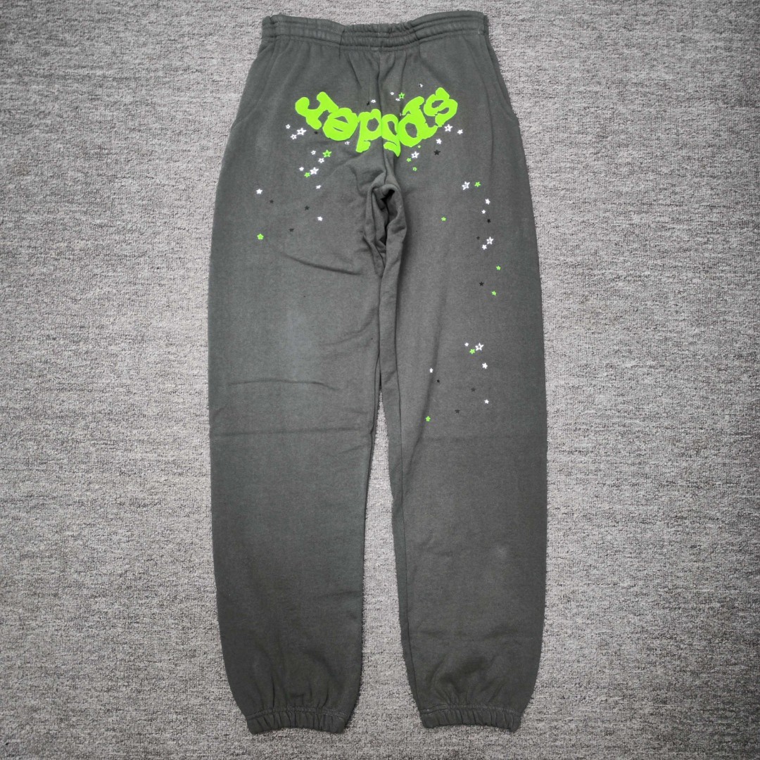 Sp5der 绿色Sp5der字母 星星印花 抽绳松紧腰束脚运动裤 休闲裤 长裤 裤子 灰色