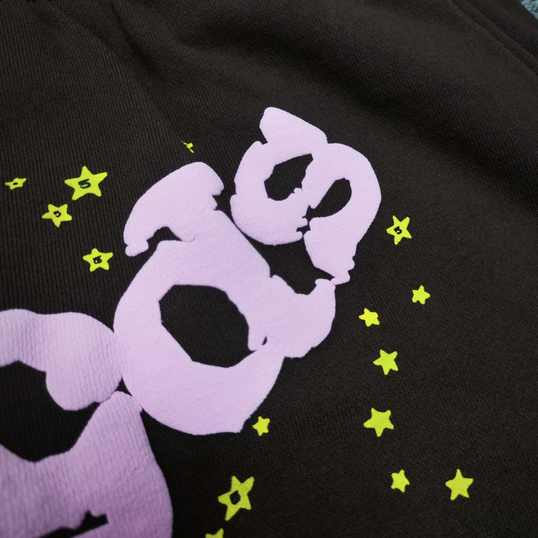 Sp5der 粉色Sp5der字母 星星印花 抽绳松紧腰束脚运动裤 休闲裤 长裤 裤子 棕色