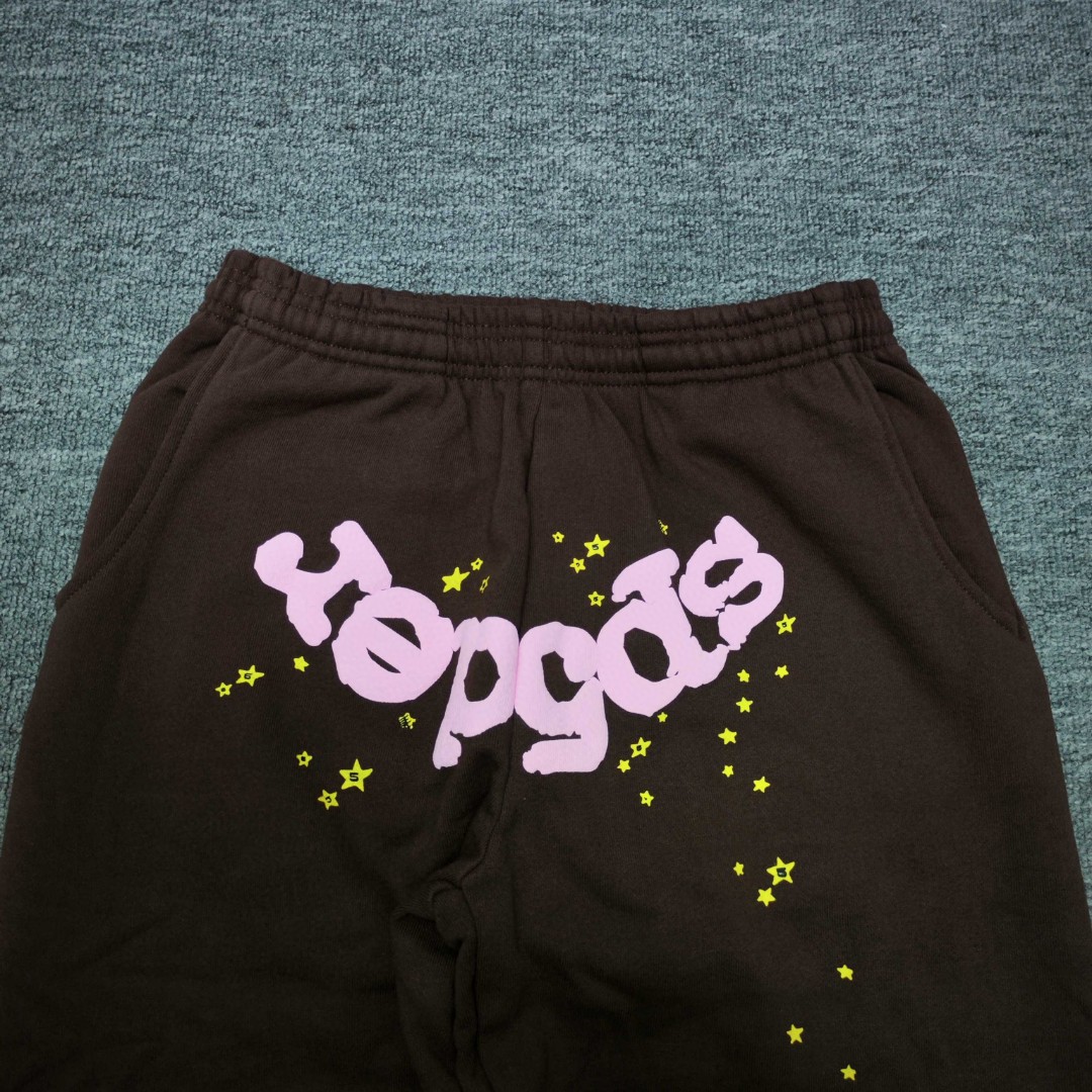 Sp5der 粉色Sp5der字母 星星印花 抽绳松紧腰束脚运动裤 休闲裤 长裤 裤子 棕色
