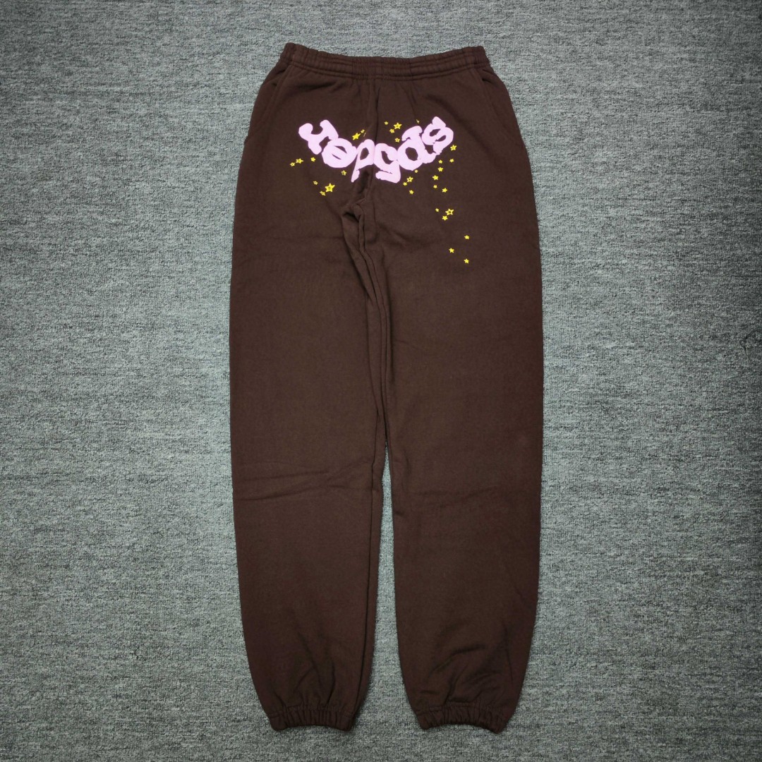 Sp5der 粉色Sp5der字母 星星印花 抽绳松紧腰束脚运动裤 休闲裤 长裤 裤子 棕色