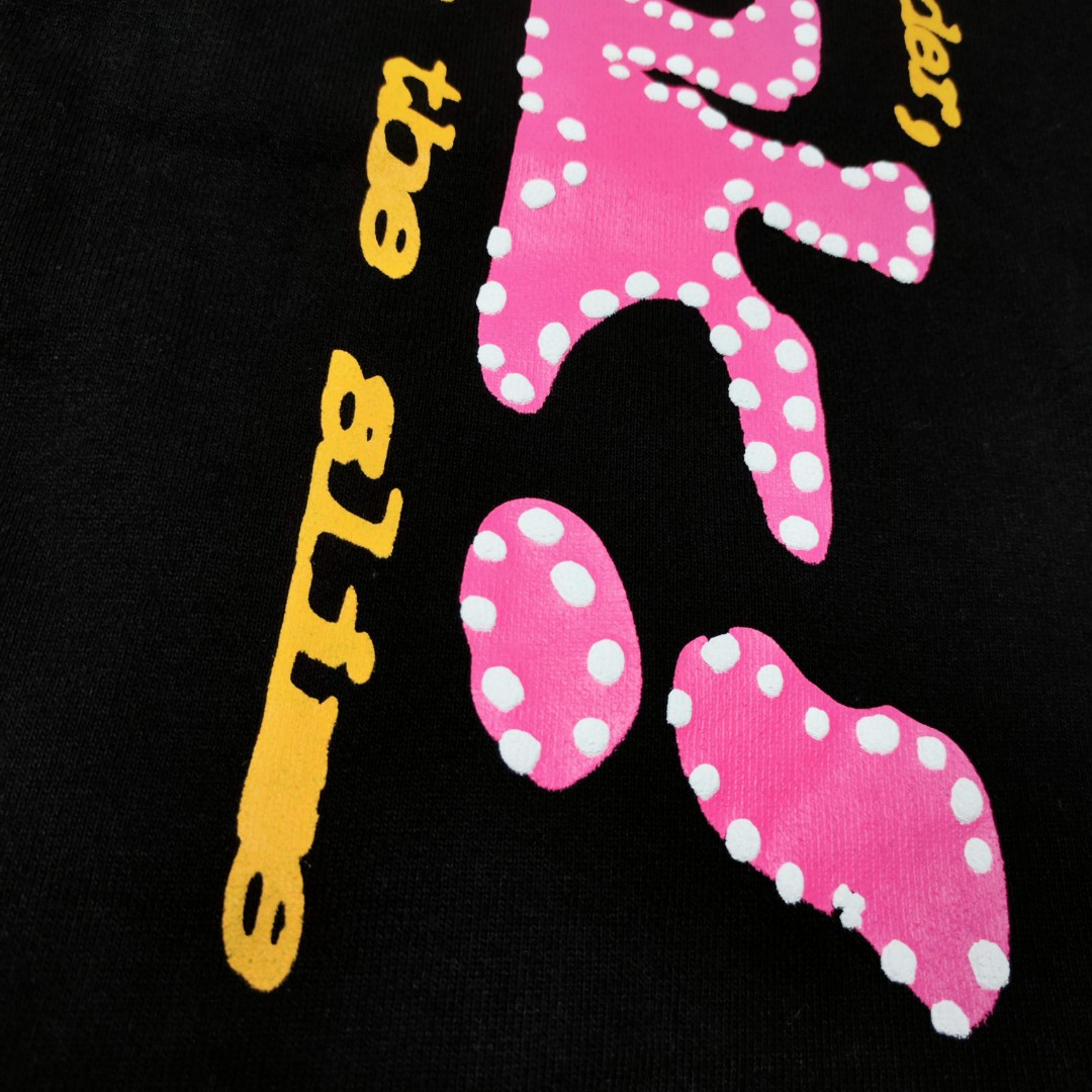 Sp5der 粉色Pink字母 星星印花 抽绳松紧腰束脚运动裤 休闲裤 长裤 裤子 黑色