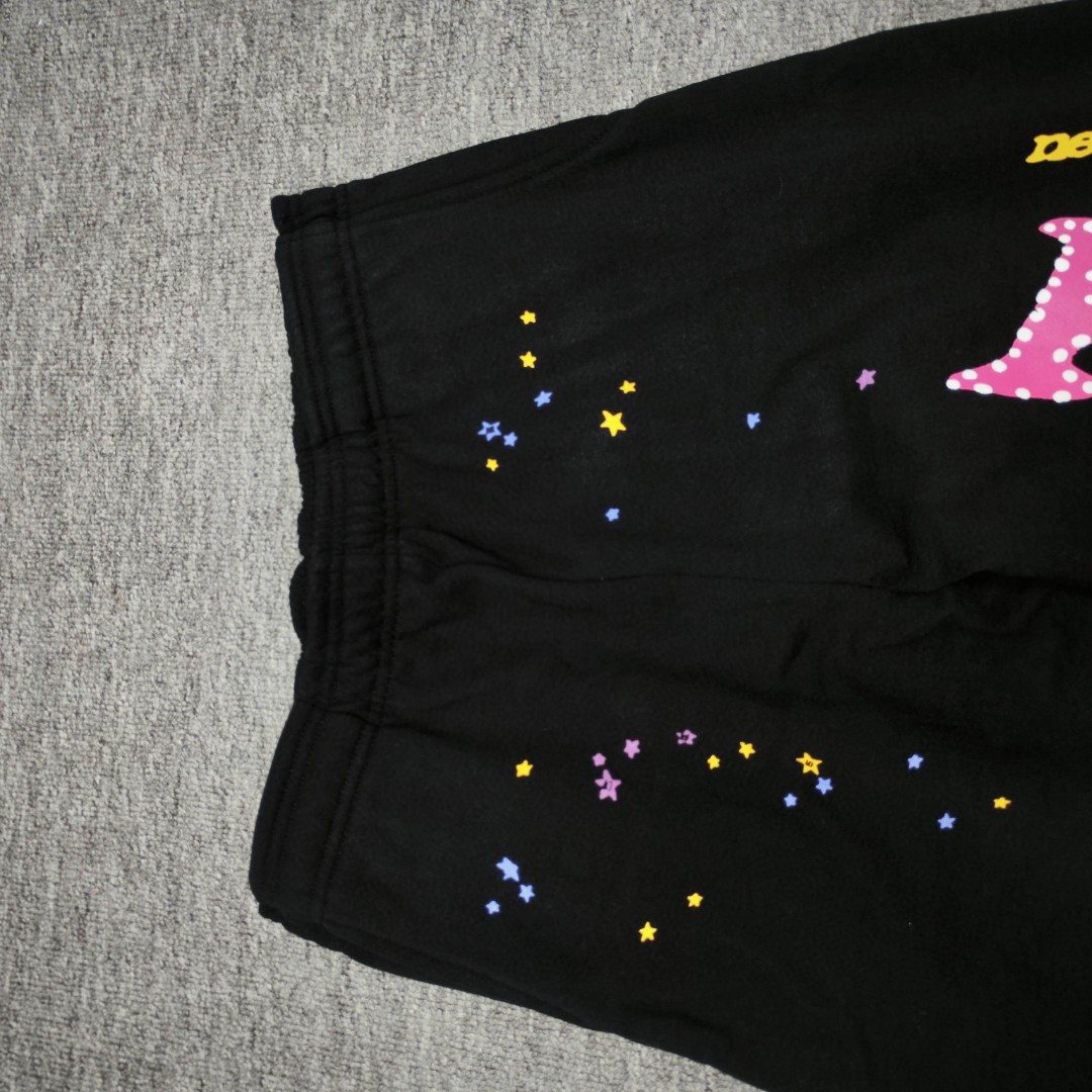 Sp5der 粉色Pink字母 星星印花 抽绳松紧腰束脚运动裤 休闲裤 长裤 裤子 黑色