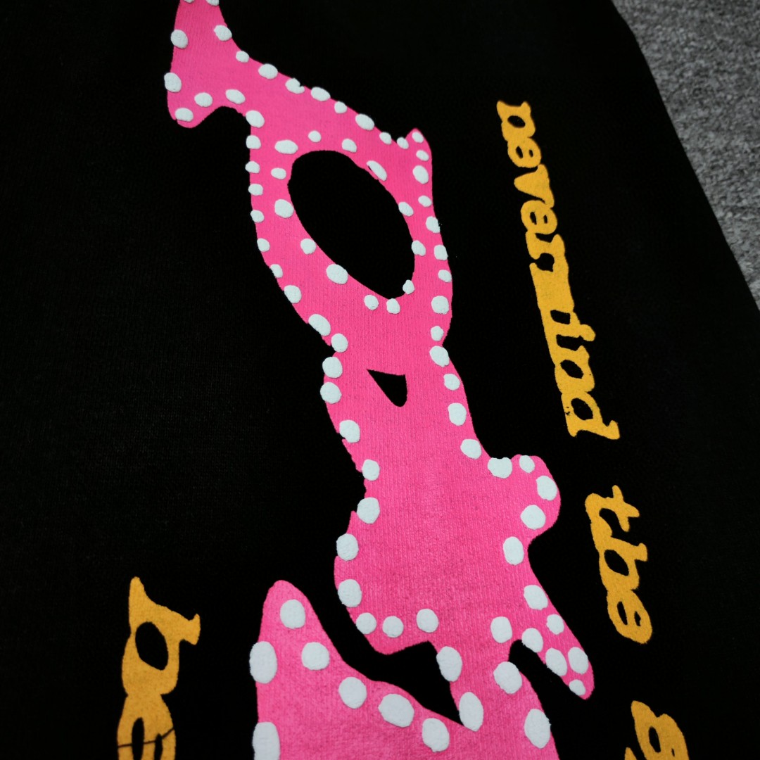 Sp5der 粉色Pink字母 星星印花 抽绳松紧腰束脚运动裤 休闲裤 长裤 裤子 黑色