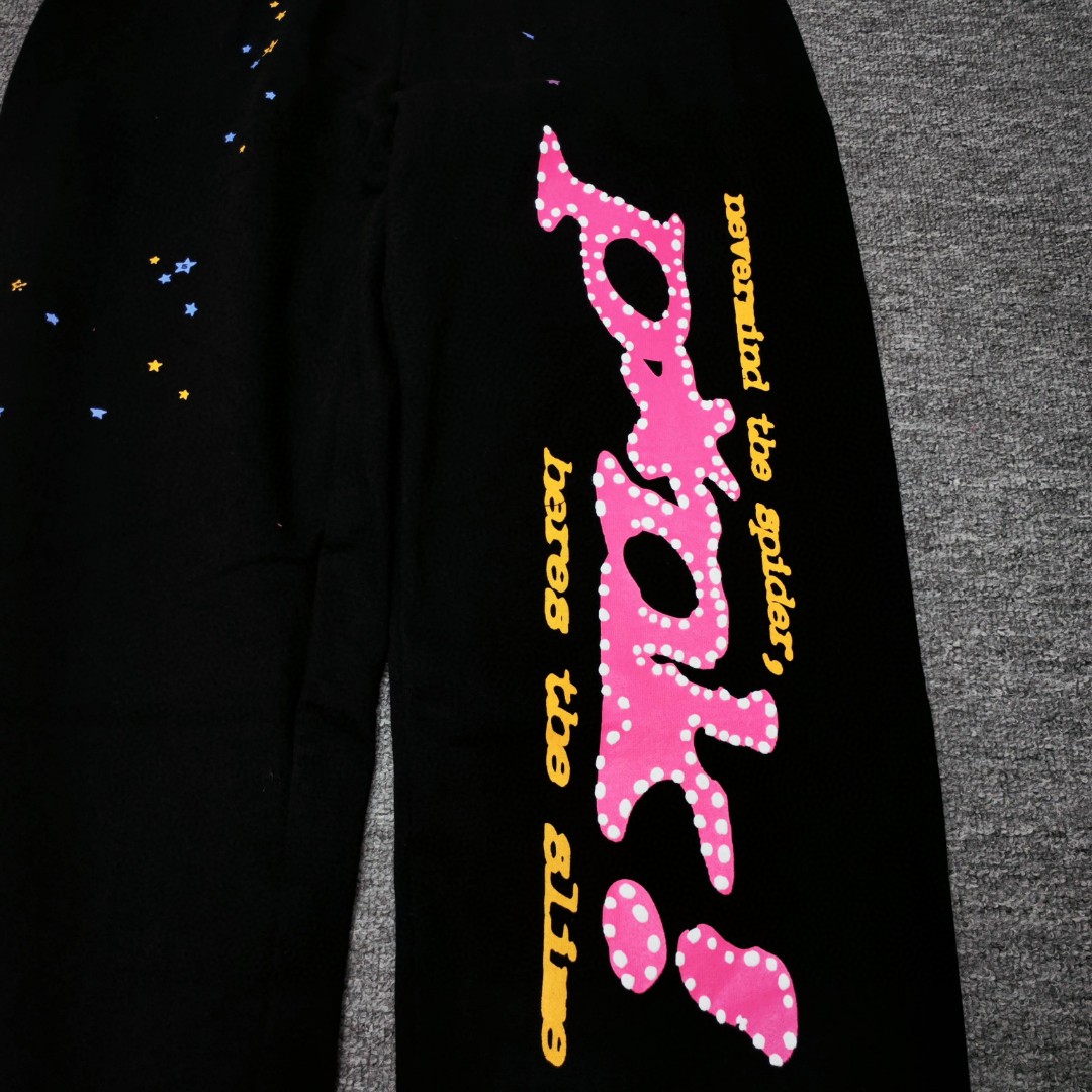 Sp5der 粉色Pink字母 星星印花 抽绳松紧腰束脚运动裤 休闲裤 长裤 裤子 黑色