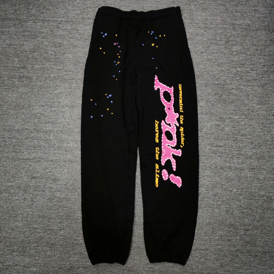 Sp5der 粉色Pink字母 星星印花 抽绳松紧腰束脚运动裤 休闲裤 长裤 裤子 黑色