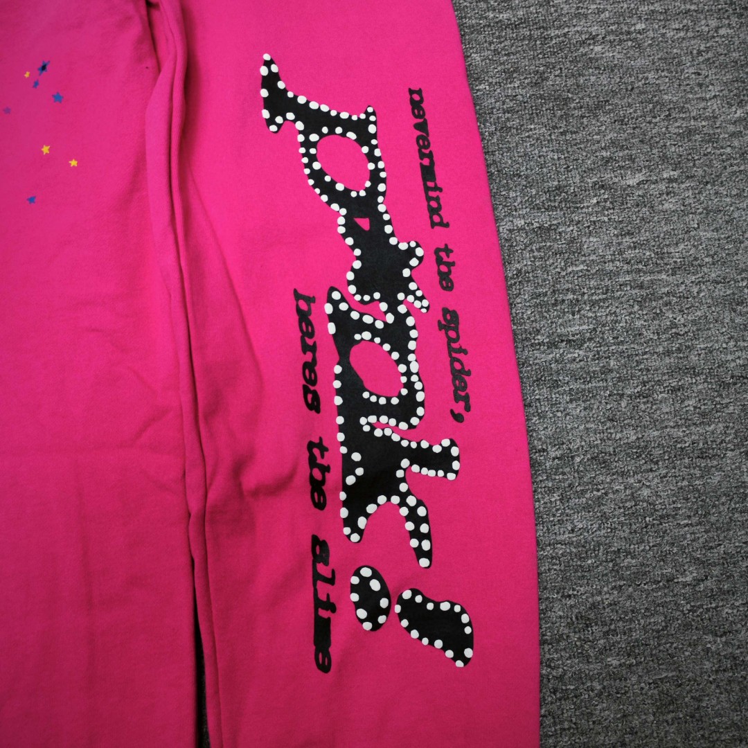 Sp5der 黑色Pink字母 星星印花 抽绳松紧腰束脚运动裤 休闲裤 长裤 裤子 玫红色