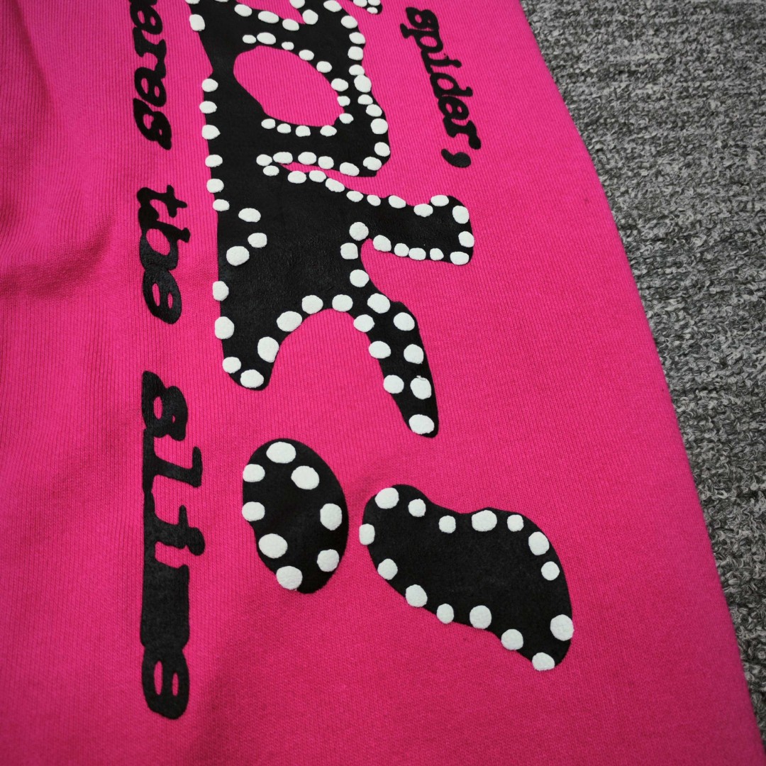 Sp5der 黑色Pink字母 星星印花 抽绳松紧腰束脚运动裤 休闲裤 长裤 裤子 玫红色