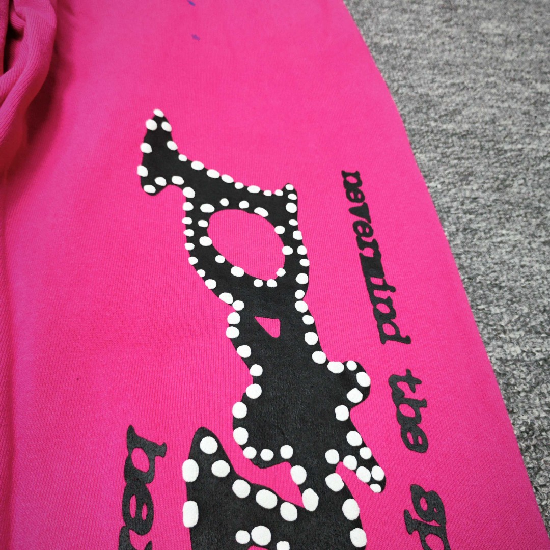 Sp5der 黑色Pink字母 星星印花 抽绳松紧腰束脚运动裤 休闲裤 长裤 裤子 玫红色