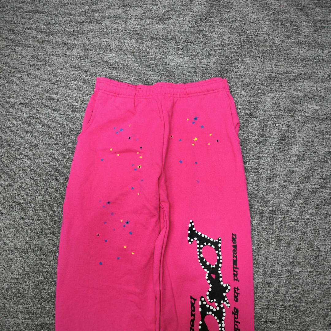 Sp5der 黑色Pink字母 星星印花 抽绳松紧腰束脚运动裤 休闲裤 长裤 裤子 玫红色