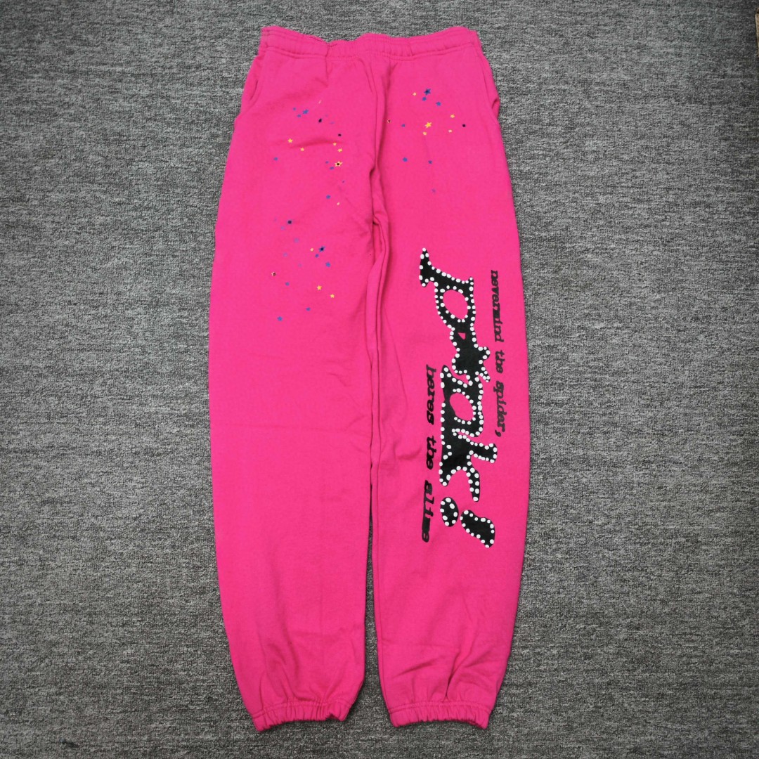 Sp5der 黑色Pink字母 星星印花 抽绳松紧腰束脚运动裤 休闲裤 长裤 裤子 玫红色