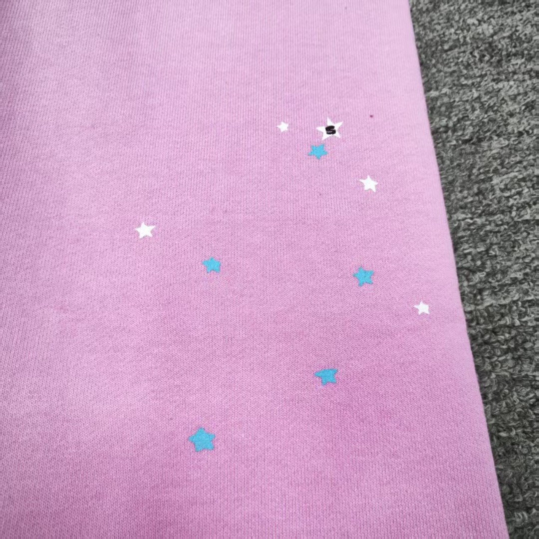 Sp5der 白色Sp5der字母 星星印花 抽绳松紧腰束脚运动裤 休闲裤 长裤 裤子 粉色