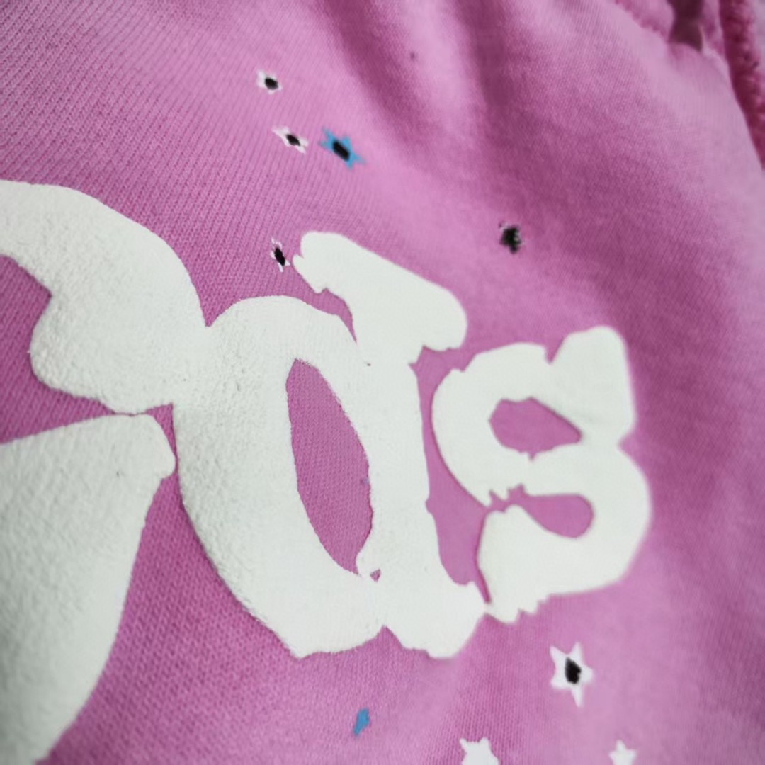 Sp5der 白色Sp5der字母 星星印花 抽绳松紧腰束脚运动裤 休闲裤 长裤 裤子 粉色