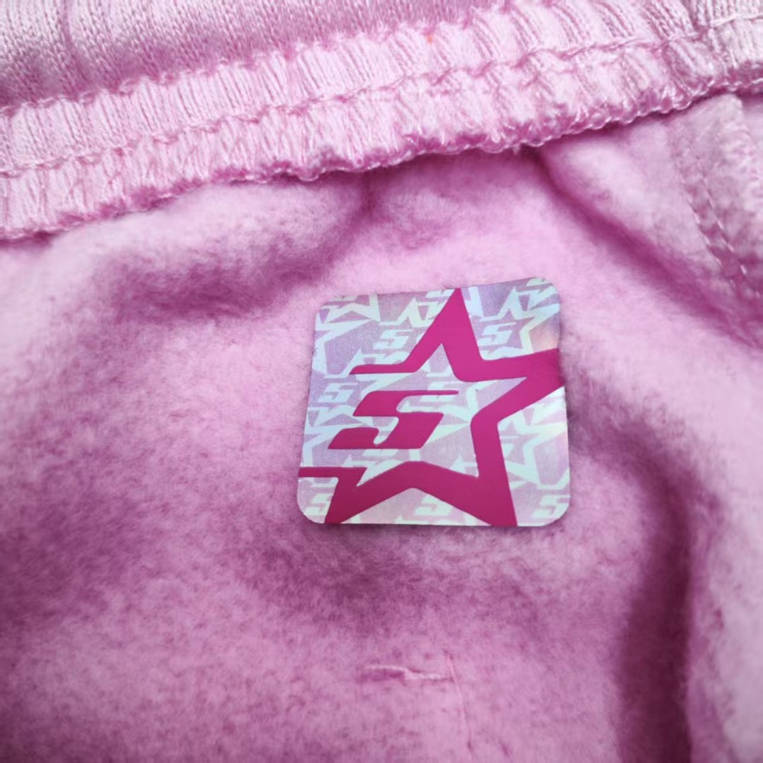 Sp5der 白色Sp5der字母 星星印花 抽绳松紧腰束脚运动裤 休闲裤 长裤 裤子 粉色