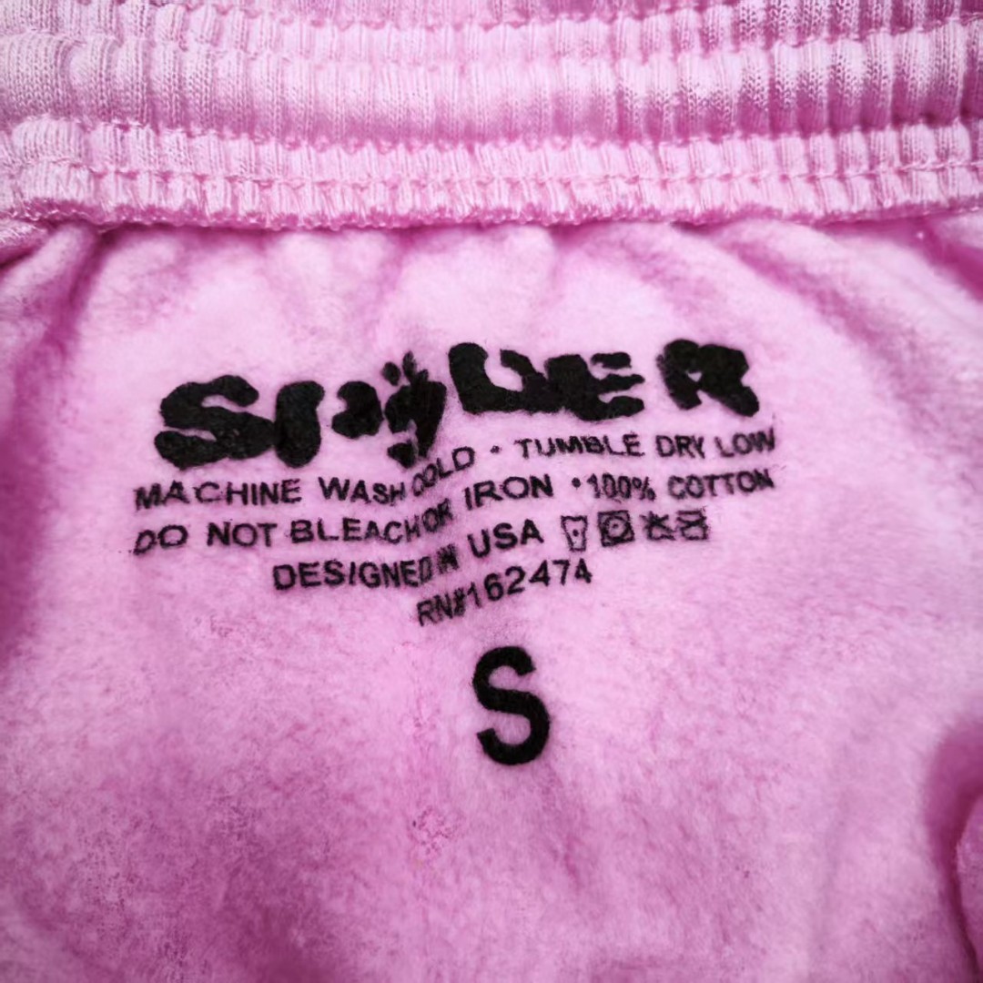 Sp5der 白色Sp5der字母 星星印花 抽绳松紧腰束脚运动裤 休闲裤 长裤 裤子 粉色