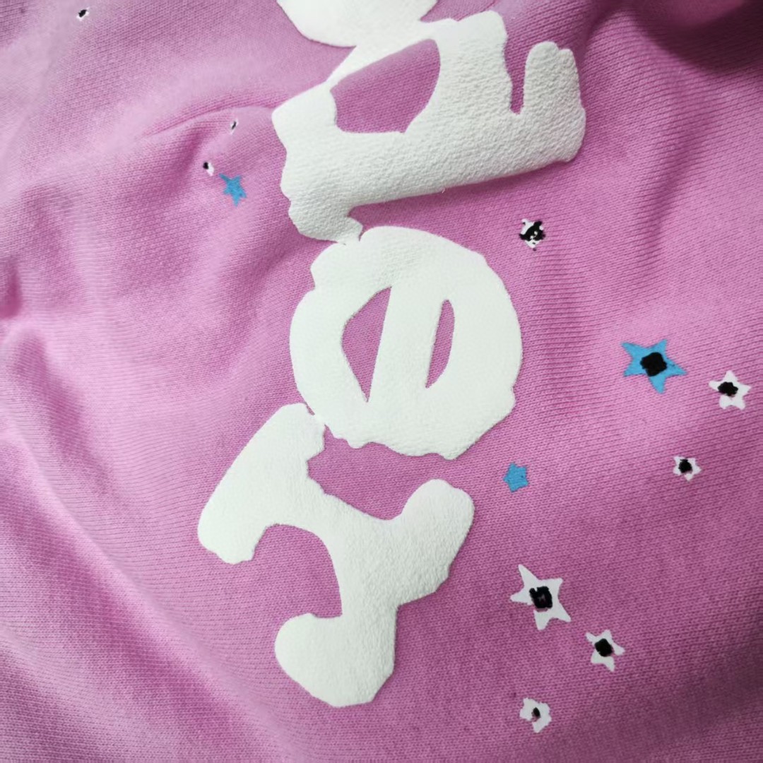 Sp5der 白色Sp5der字母 星星印花 抽绳松紧腰束脚运动裤 休闲裤 长裤 裤子 粉色