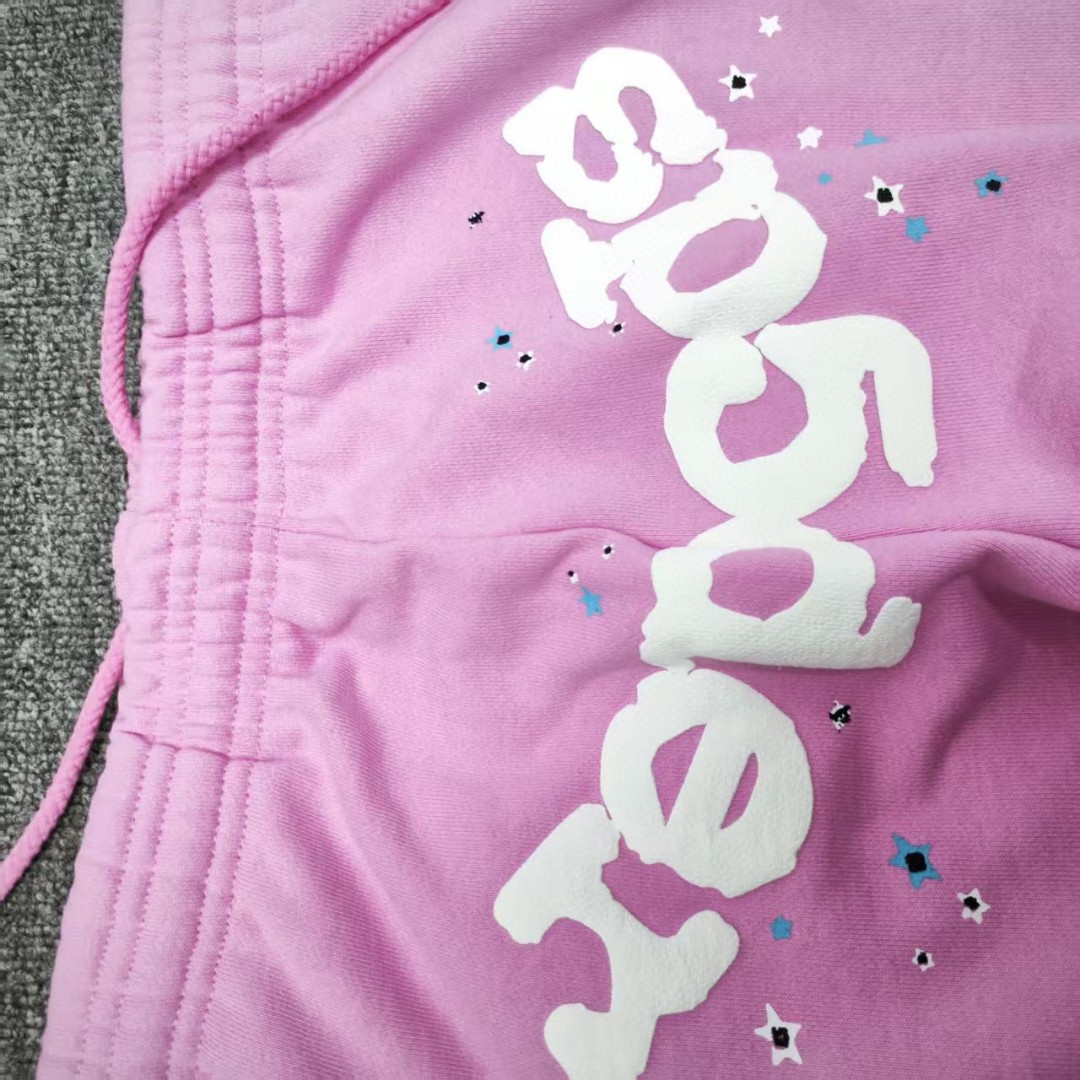 Sp5der 白色Sp5der字母 星星印花 抽绳松紧腰束脚运动裤 休闲裤 长裤 裤子 粉色