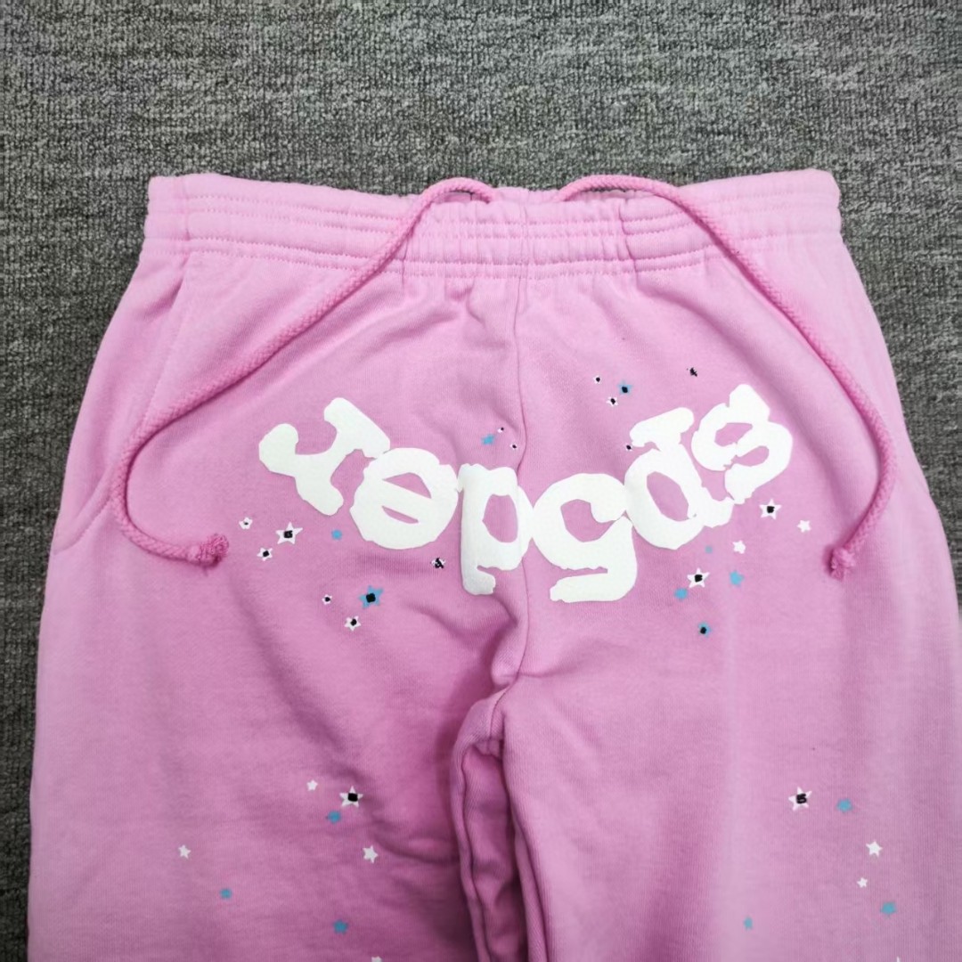 Sp5der 白色Sp5der字母 星星印花 抽绳松紧腰束脚运动裤 休闲裤 长裤 裤子 粉色