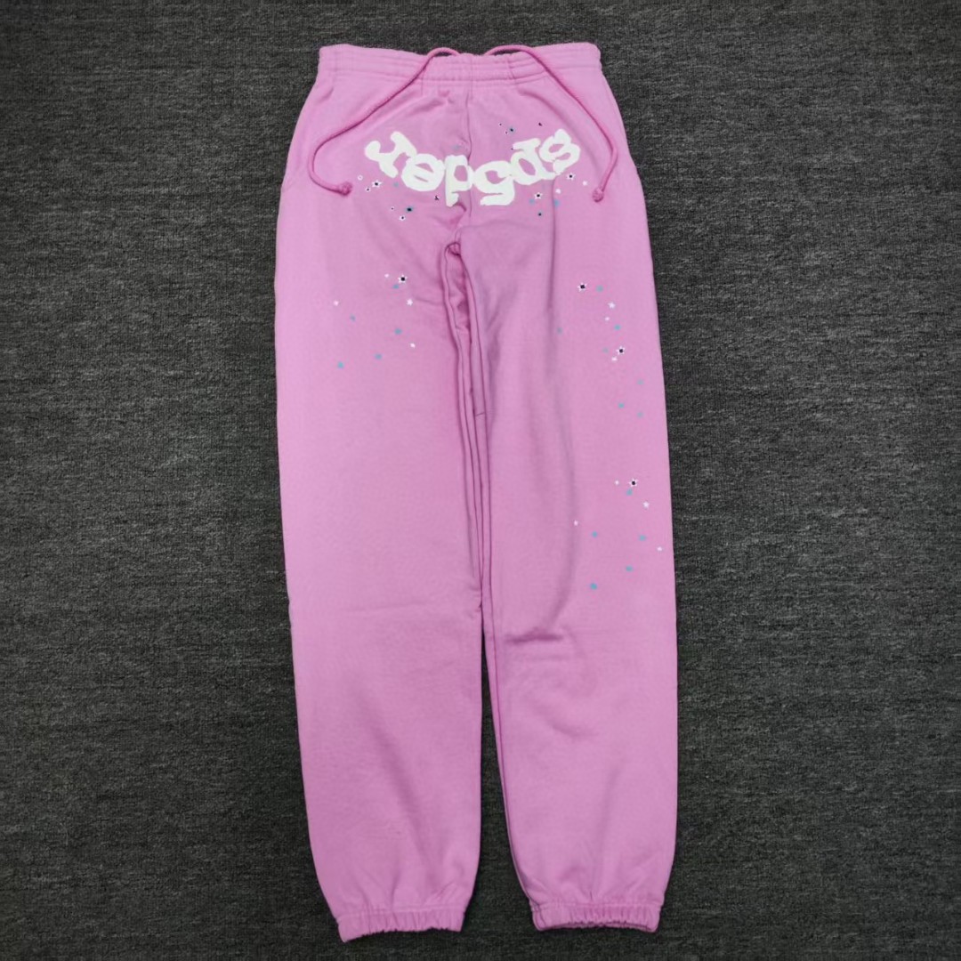 Sp5der 白色Sp5der字母 星星印花 抽绳松紧腰束脚运动裤 休闲裤 长裤 裤子 粉色