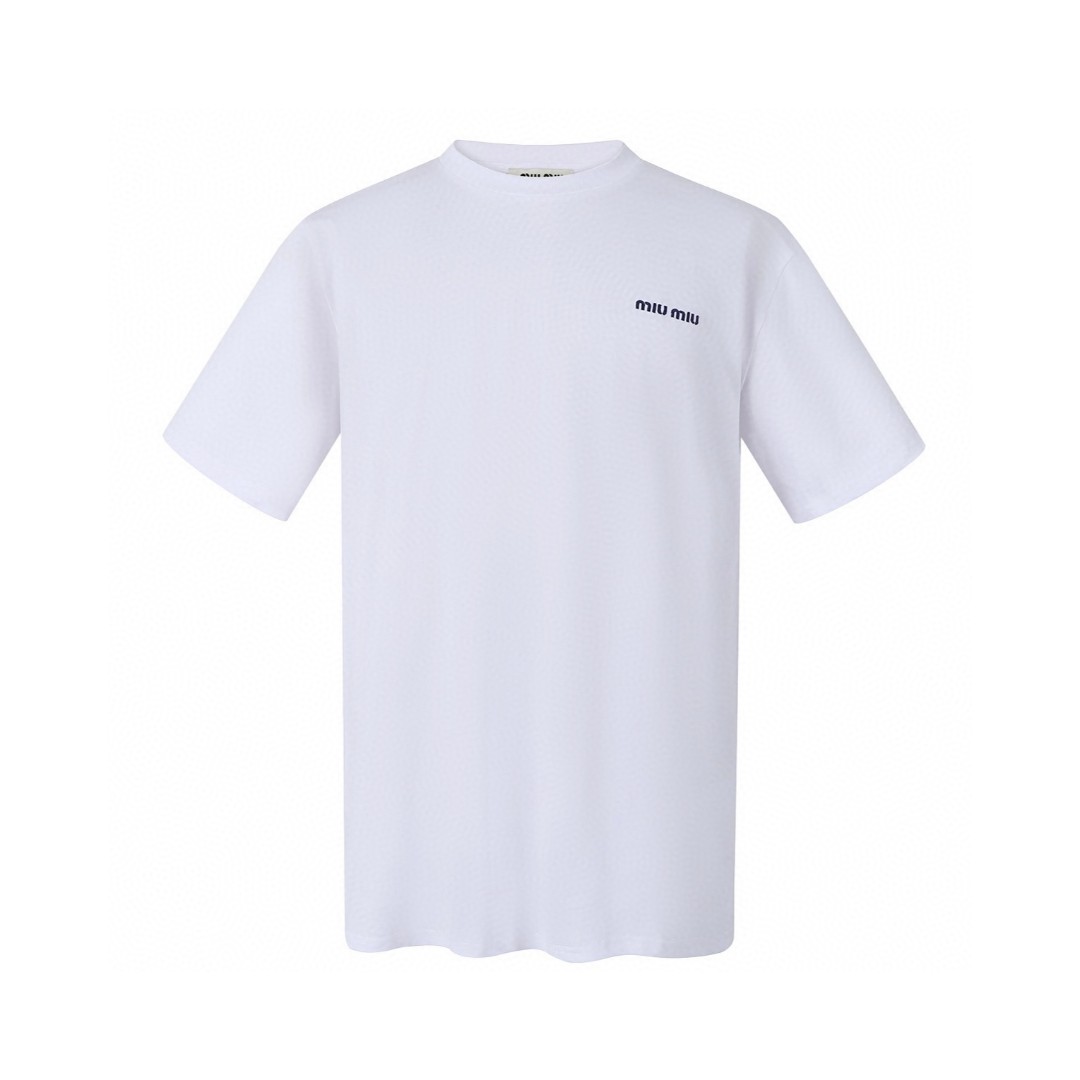MIU MIU 刺绣徽标 圆领 休闲短袖 T恤 夏季 黑色 白色 A0