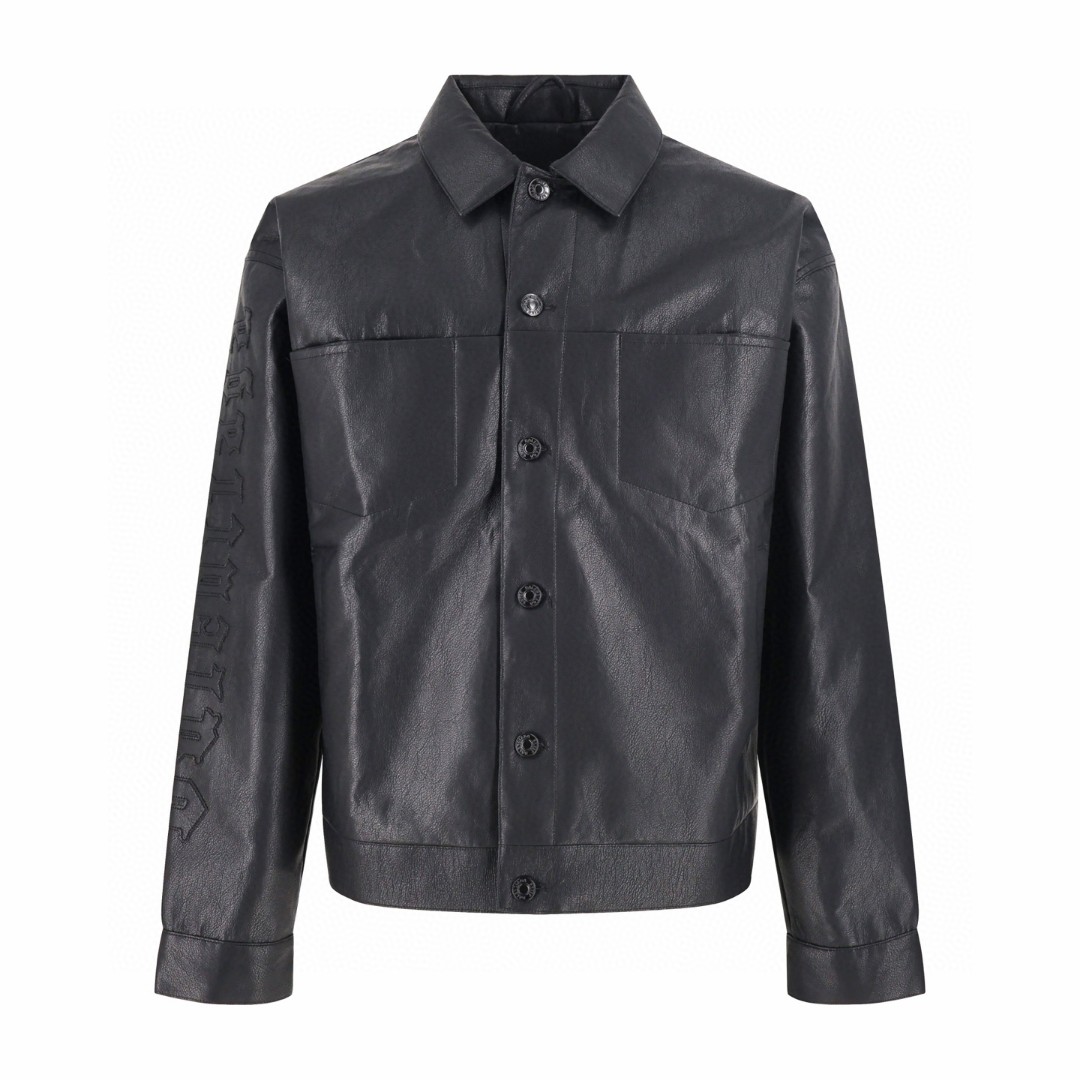 Balenciaga 巴黎世家 手臂字母贴皮刺绣皮衣 夹克 外套 长袖 黑色 C0