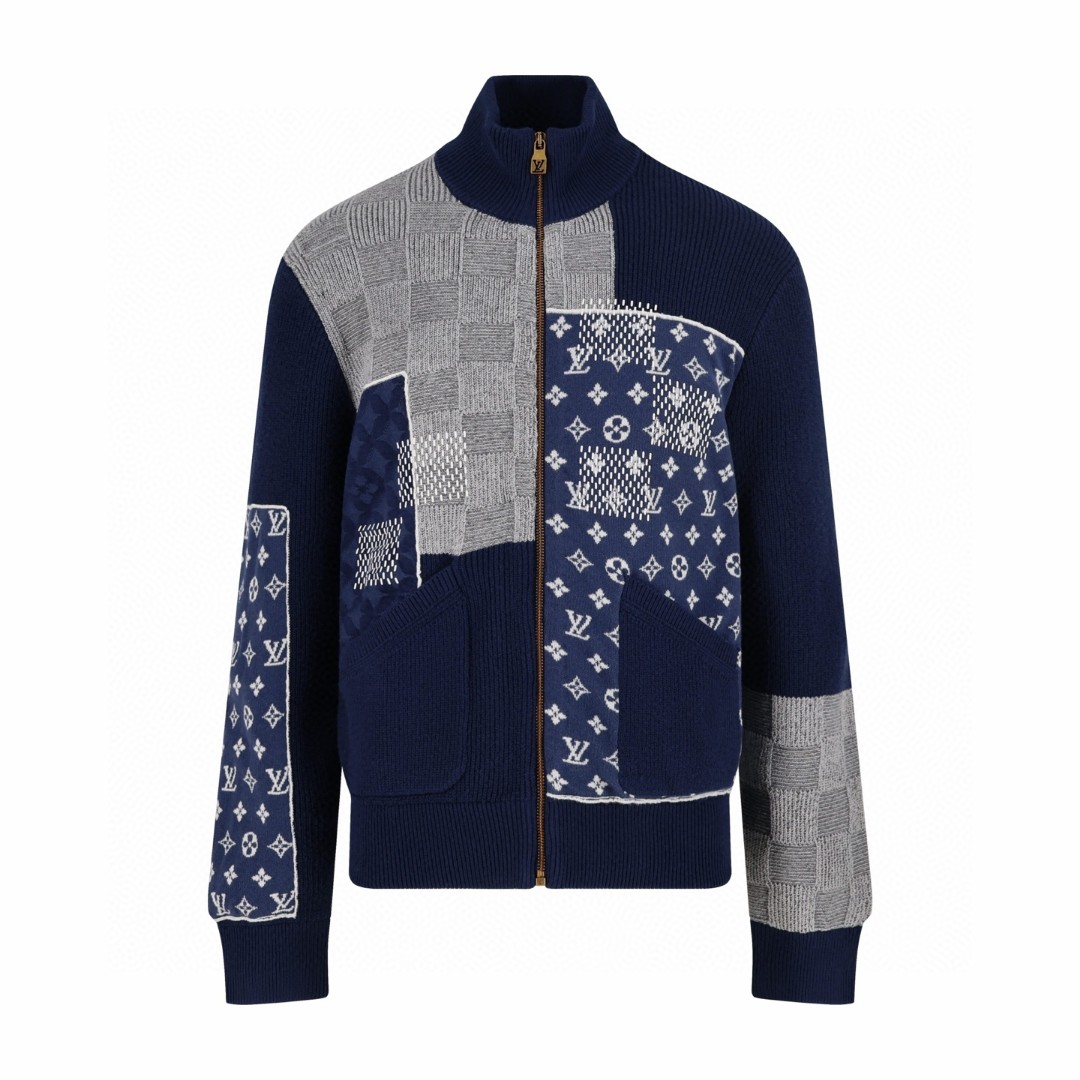LOUIS VUITTON 路易威登 Nigo联名款 拼接拉链立领针织毛衣 外套 夹克 蓝色 C0 1AIMAA
