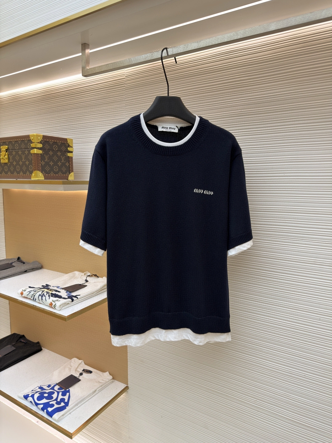 MIU MIU 假两件拼接针织衫 毛衣 短袖 T恤 蓝色 A5 MMLB62-174K-F0008-S-OOO