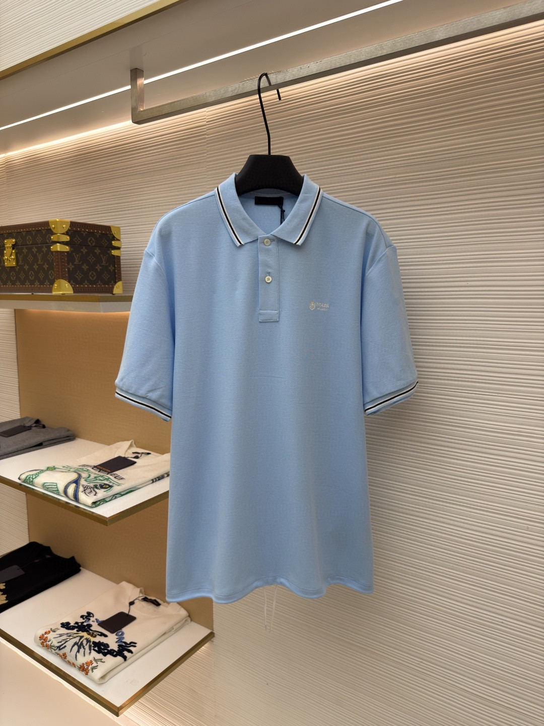 PRADA 普拉达 徽标刺绣抽绳Polo衫 短袖 T恤 深蓝色 浅蓝色 A0 UJN703-1YED-F0806-S-211