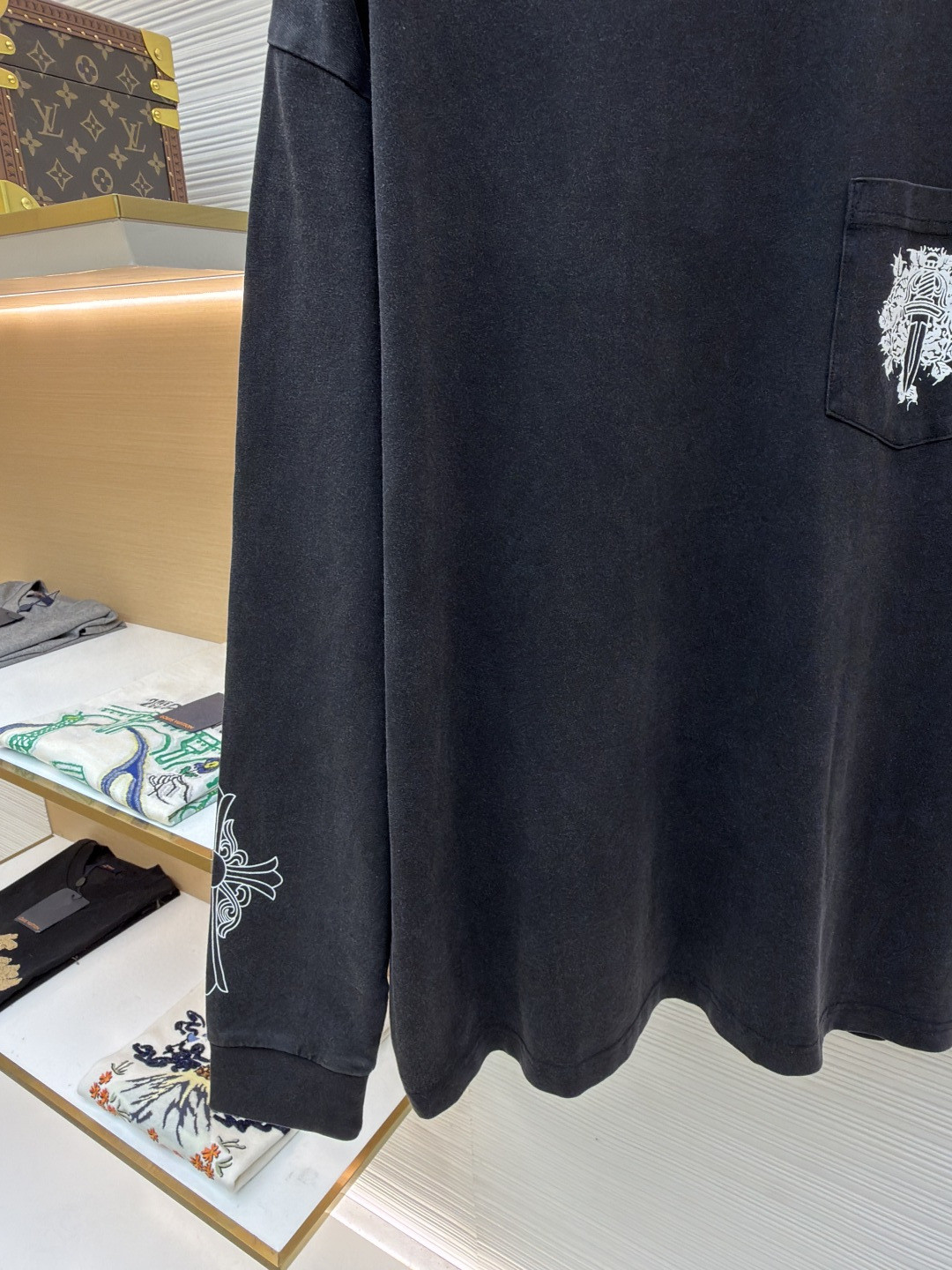 Chrome Hearts 克罗心 十字架马蹄藤蔓宝剑水洗长袖卫衣 T恤 打底衫 套头 黑色 A0 